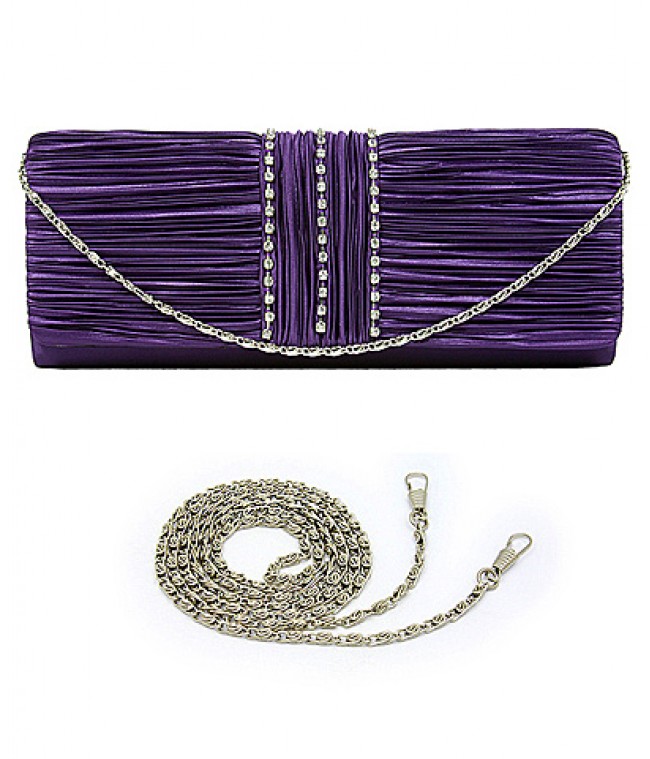 Evening Bag - Satin Pleated w/ 3 Liner Clear Stone - Purple - BG-EBS1132PL